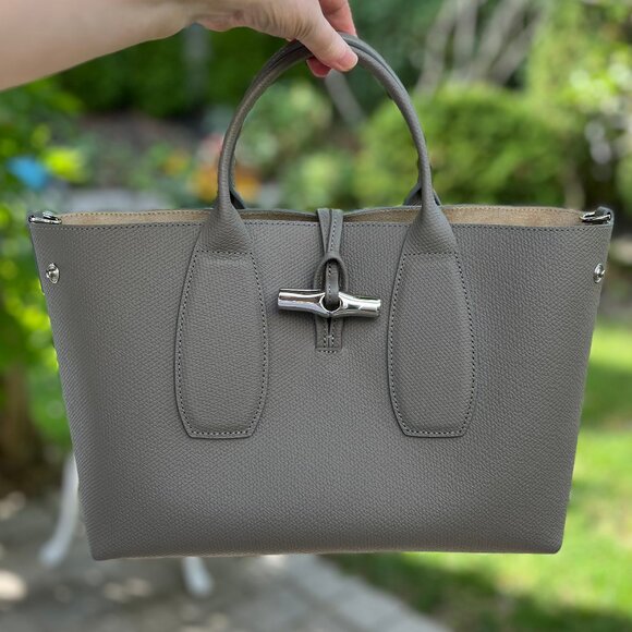 LONGCHAMP Medium Roseau Leather Top Handle Bag - Turtle Dove Grey - Authentic - Picture 1 of 17